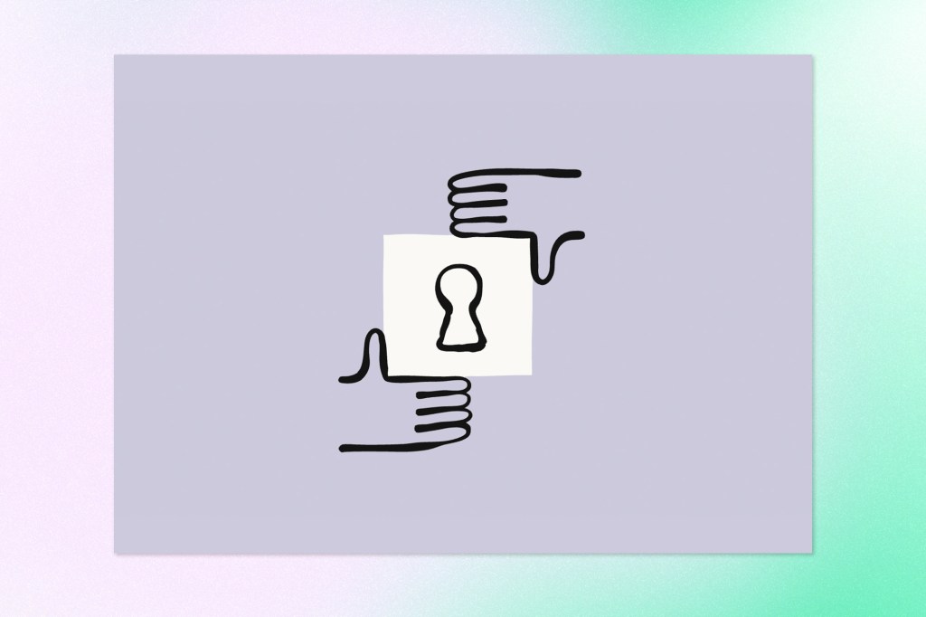 Illustration of two hands framing a keyhole symbol on a light purple background.