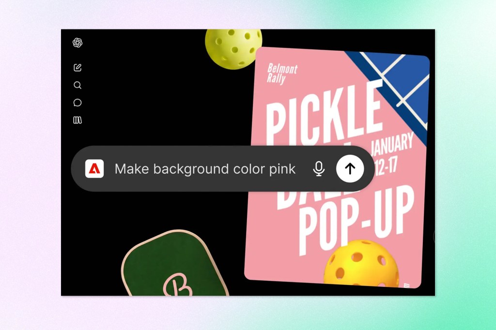 Adobe creative tools shown inside a ChatGPT interface, with a prompt asking to change a pickleball graphic’s background colour to pink.
