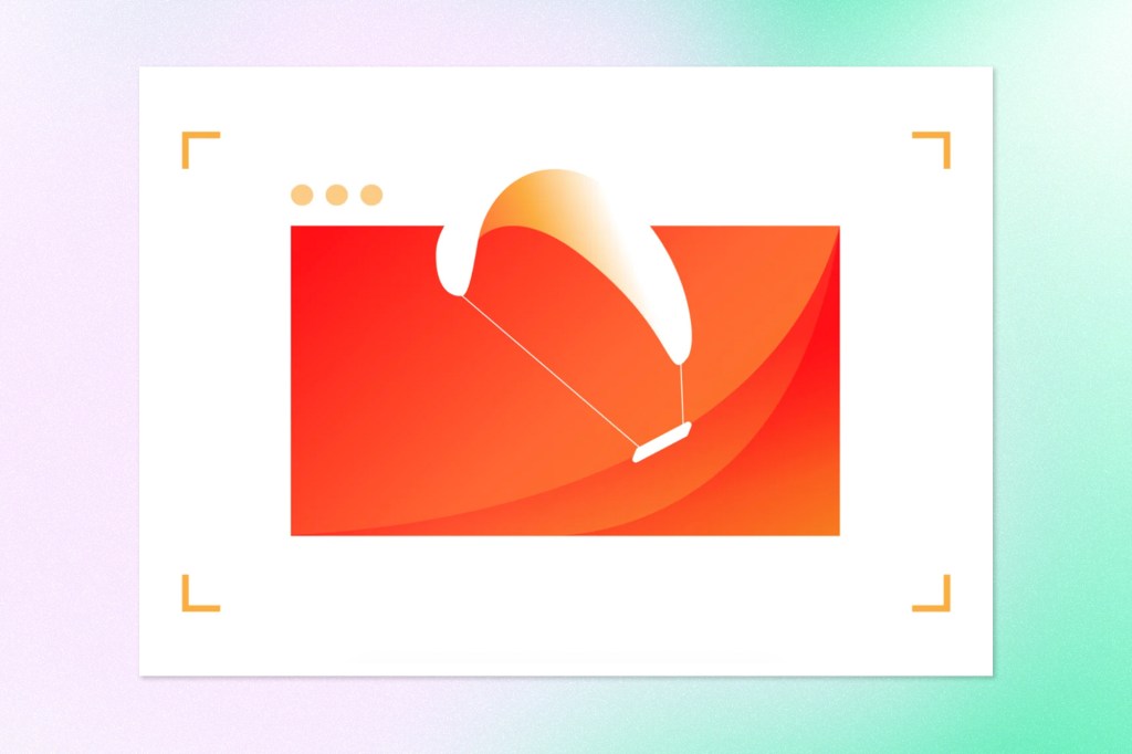 Stylized illustration of a kitesurfer riding across an orange and red wave within a framed interface.