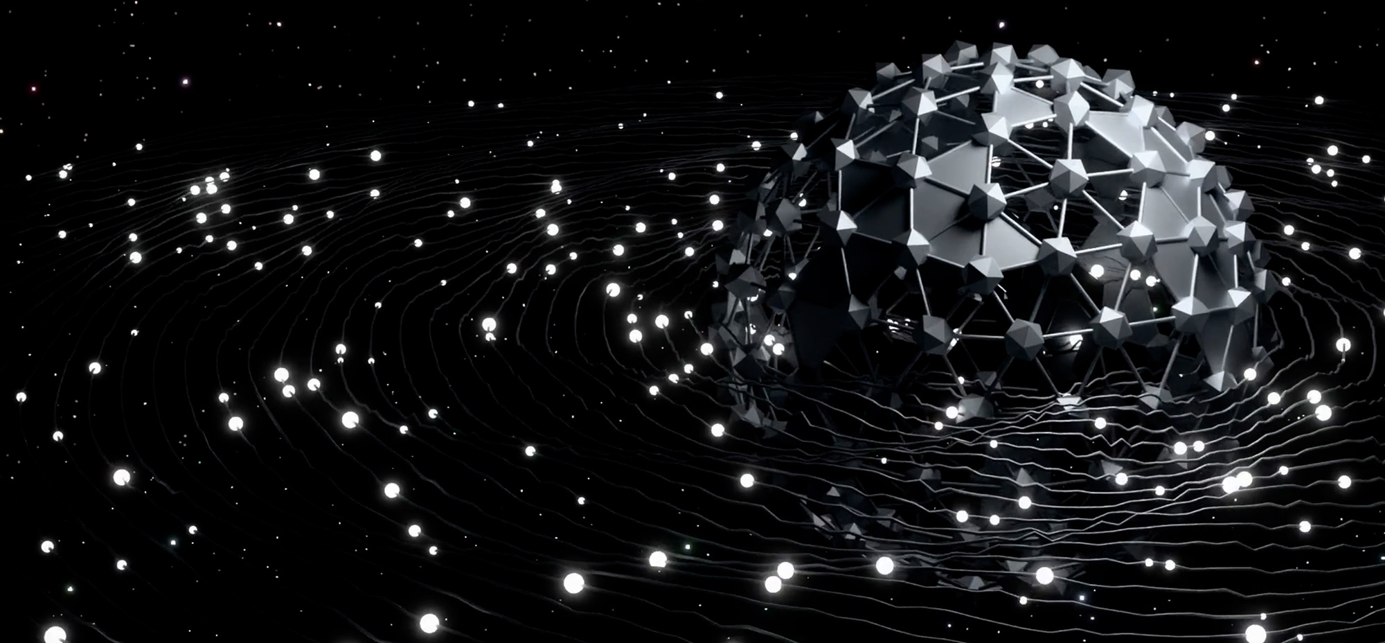 Abstract black-and-white visualization of a connected geometric sphere surrounded by glowing data points and flowing network lines.