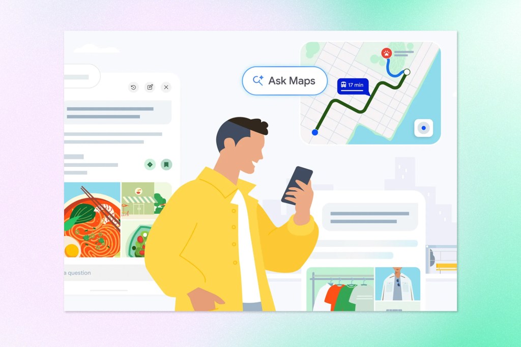 Illustration of a person using a smartphone alongside Google Maps and search interfaces, featuring an “Ask Maps” route preview.