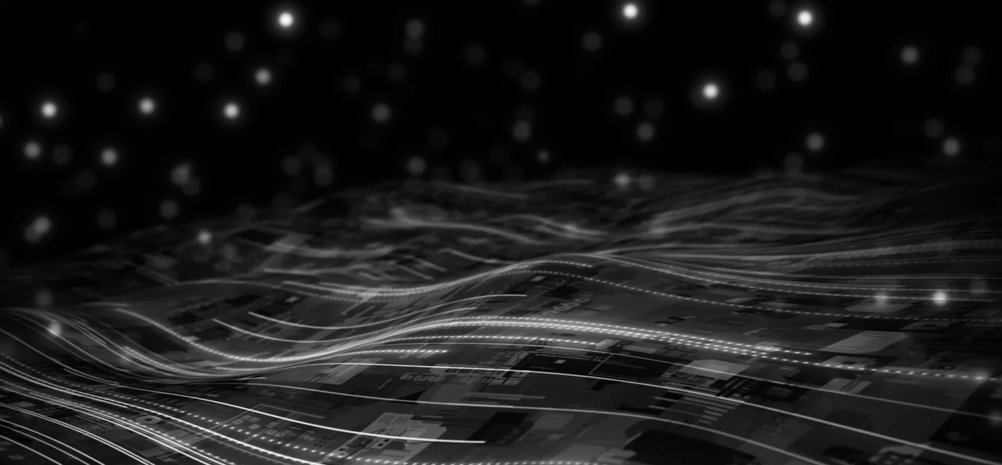 Abstract black-and-white digital landscape with glowing lines and scattered light points representing data, networks, and AI infrastructure.