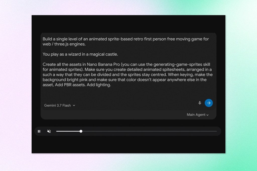 Screenshot of an AI prompt requesting the creation of a retro first-person wizard game, shown inside a dark interface.
