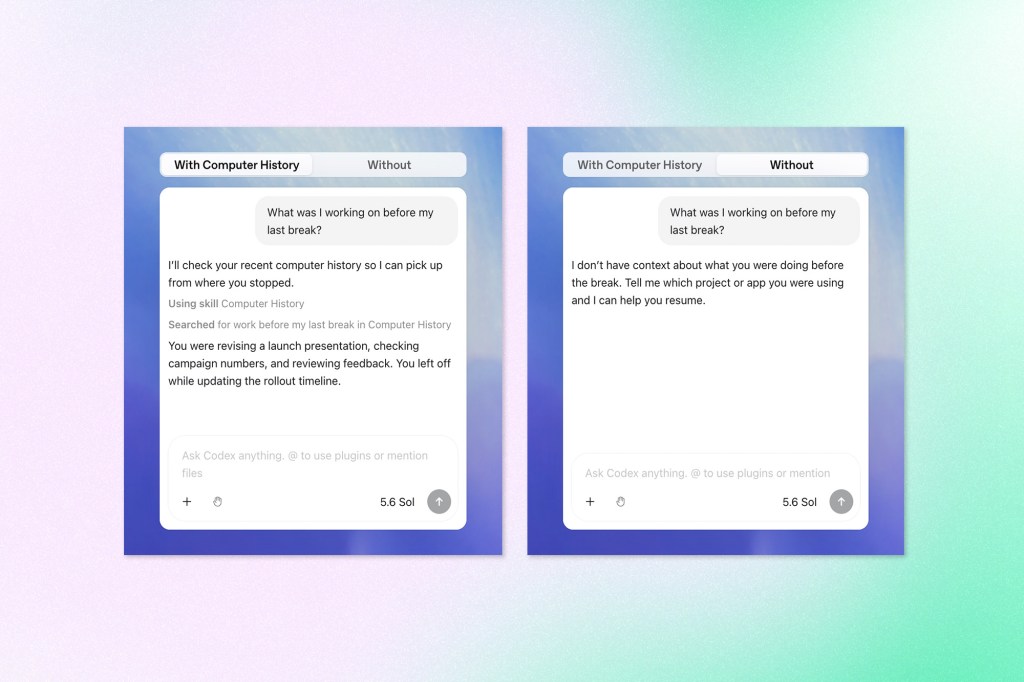 Side-by-side AI chat examples showing how access to computer history can provide context about a user’s previous work.