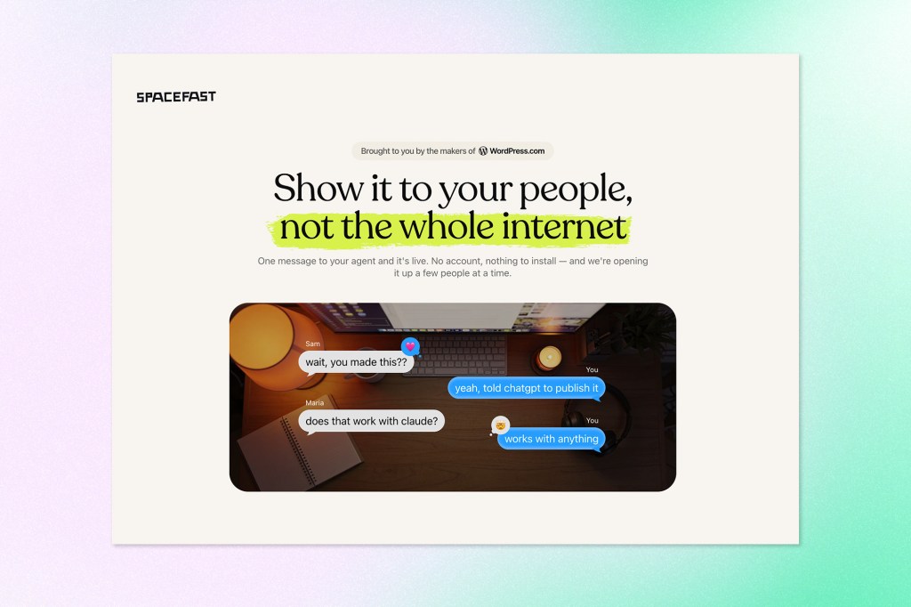 Spacefast webpage promoting private sharing of AI-created projects, with a desktop image overlaid by conversational message bubbles.