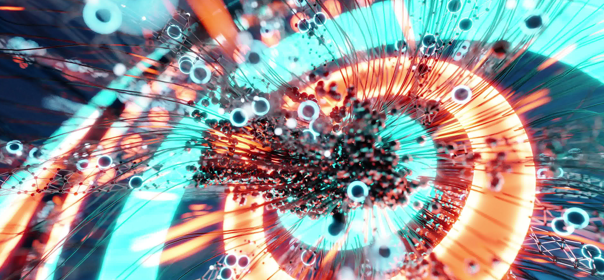 Abstract visualization of interconnected data, particles, and glowing lines in teal, orange, black, and white.