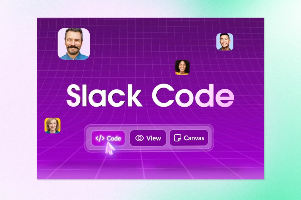 Purple Slack Code graphic featuring four profile photos above the text “Slack Code” and interface buttons for Code, View, and Canvas.