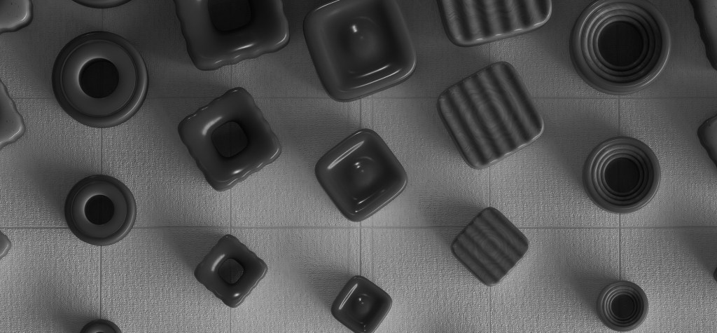 Abstract black geometric shapes scattered across a textured grey grid.