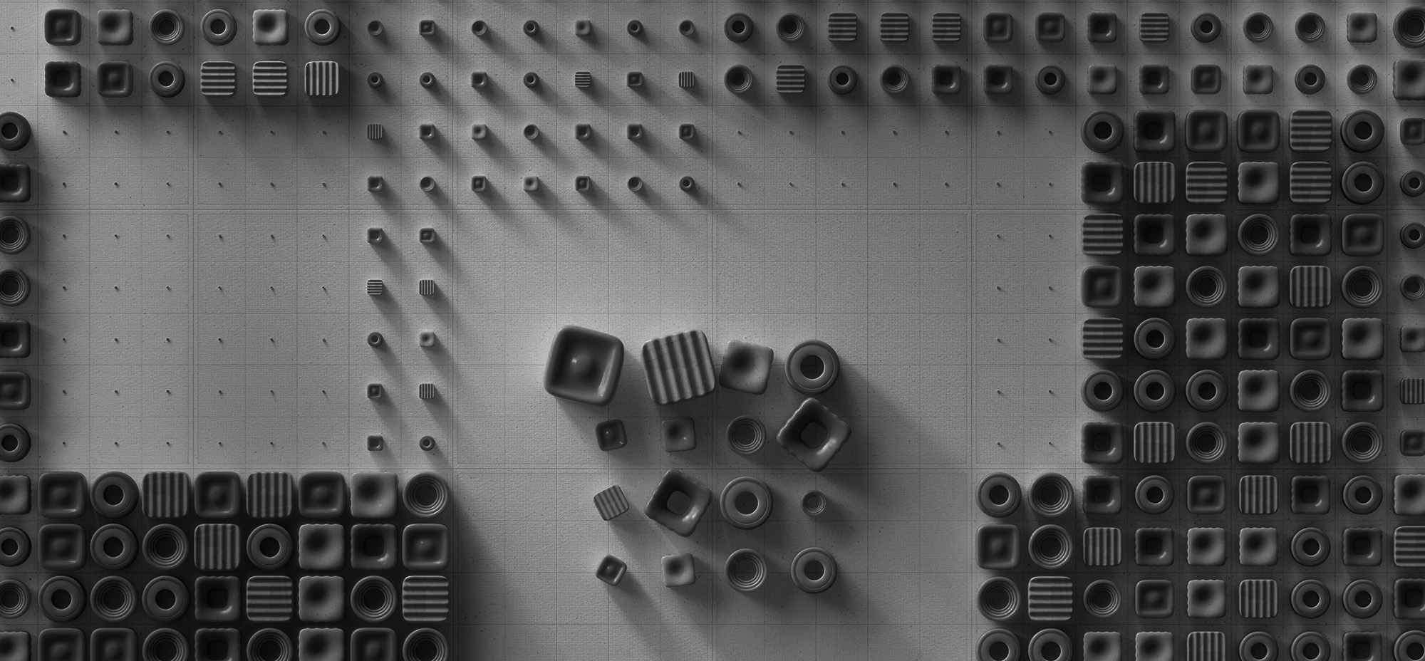 Abstract black geometric shapes scattered across a textured grey grid.