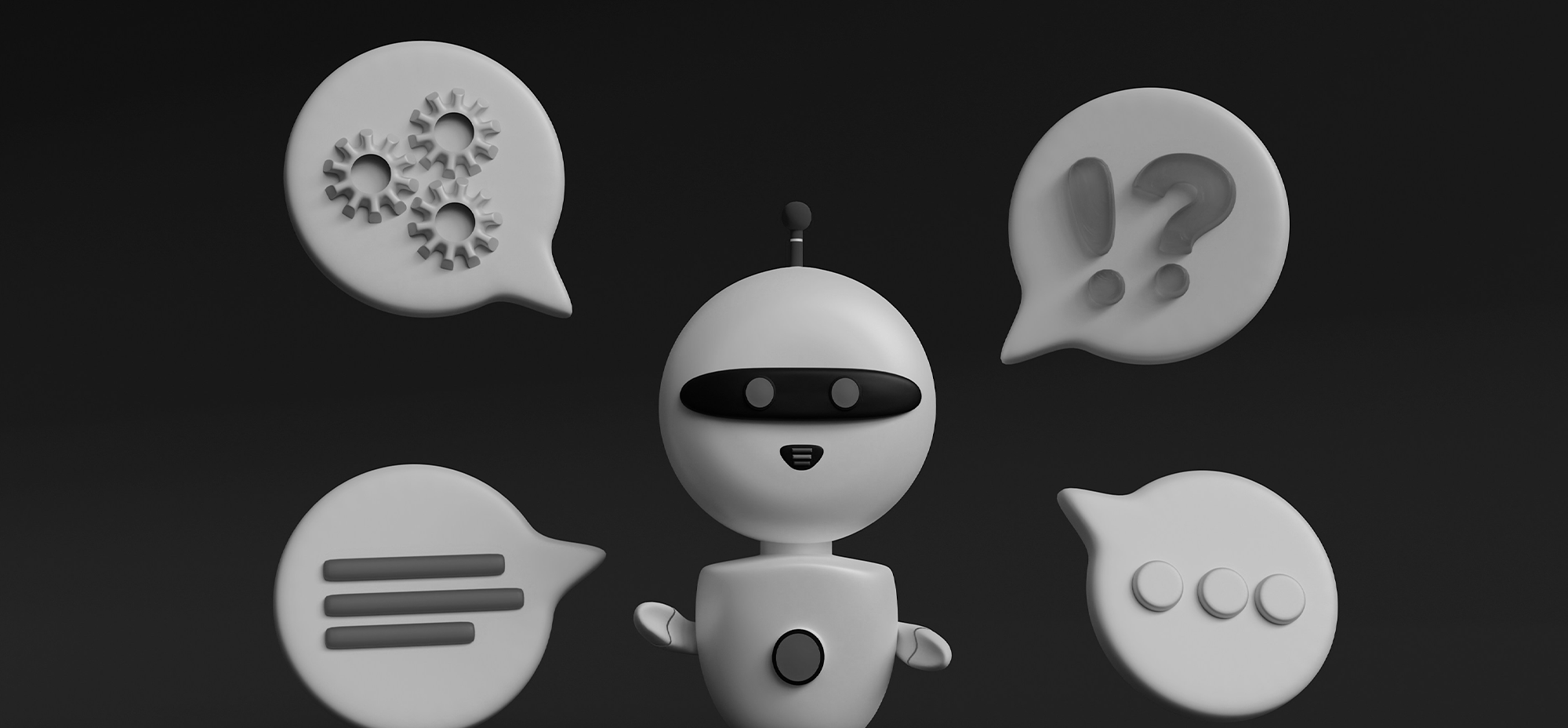 3D robot surrounded by speech bubbles representing conversation, questions, and automated responses.