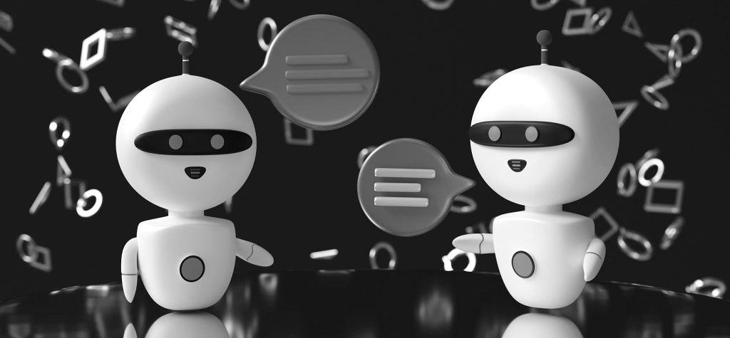 Two 3D robots communicating through speech bubbles against a dark background of abstract digital symbols.