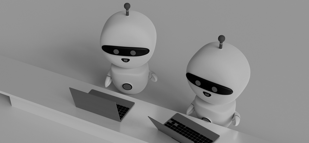 Two 3D robots working at laptops, representing AI-powered digital interactions and conversational experiences.