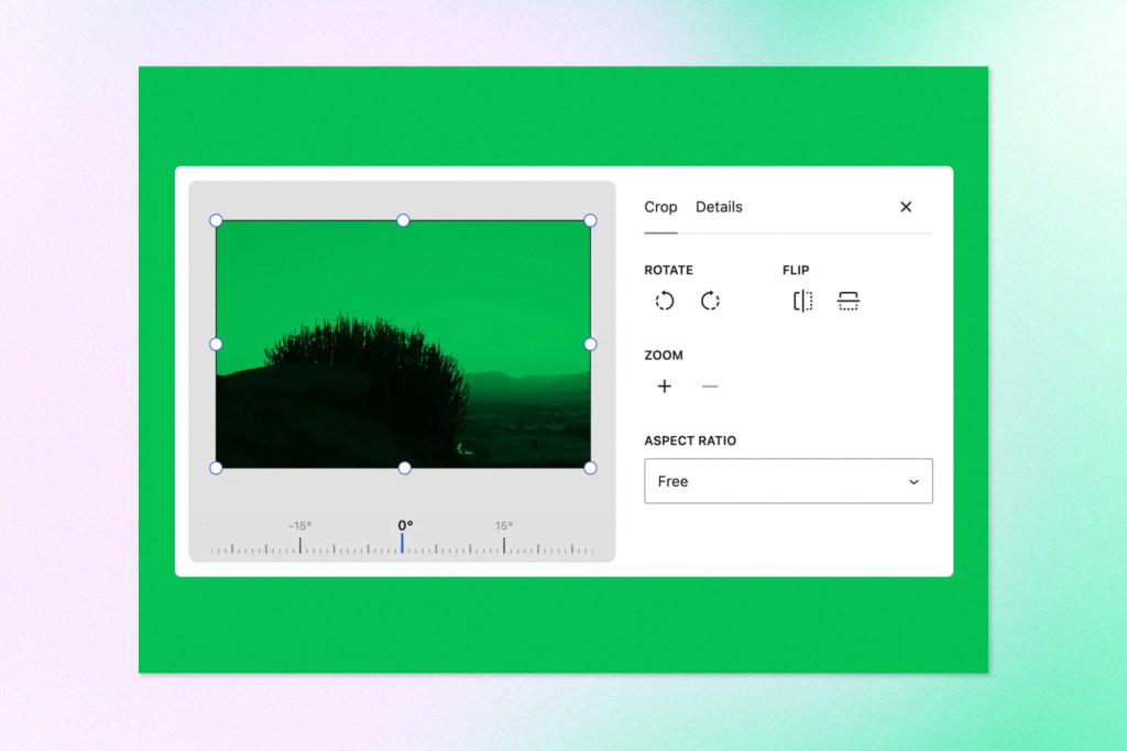 WordPress 7.1 image editing interface showing crop, rotate, flip, zoom, and aspect ratio controls.