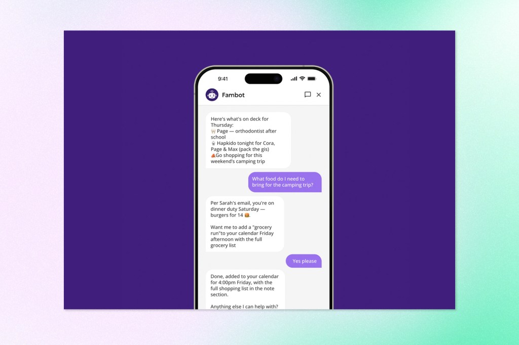 Smartphone displaying a Fambot AI assistant conversation about family schedules, meal planning, groceries, and calendar tasks.