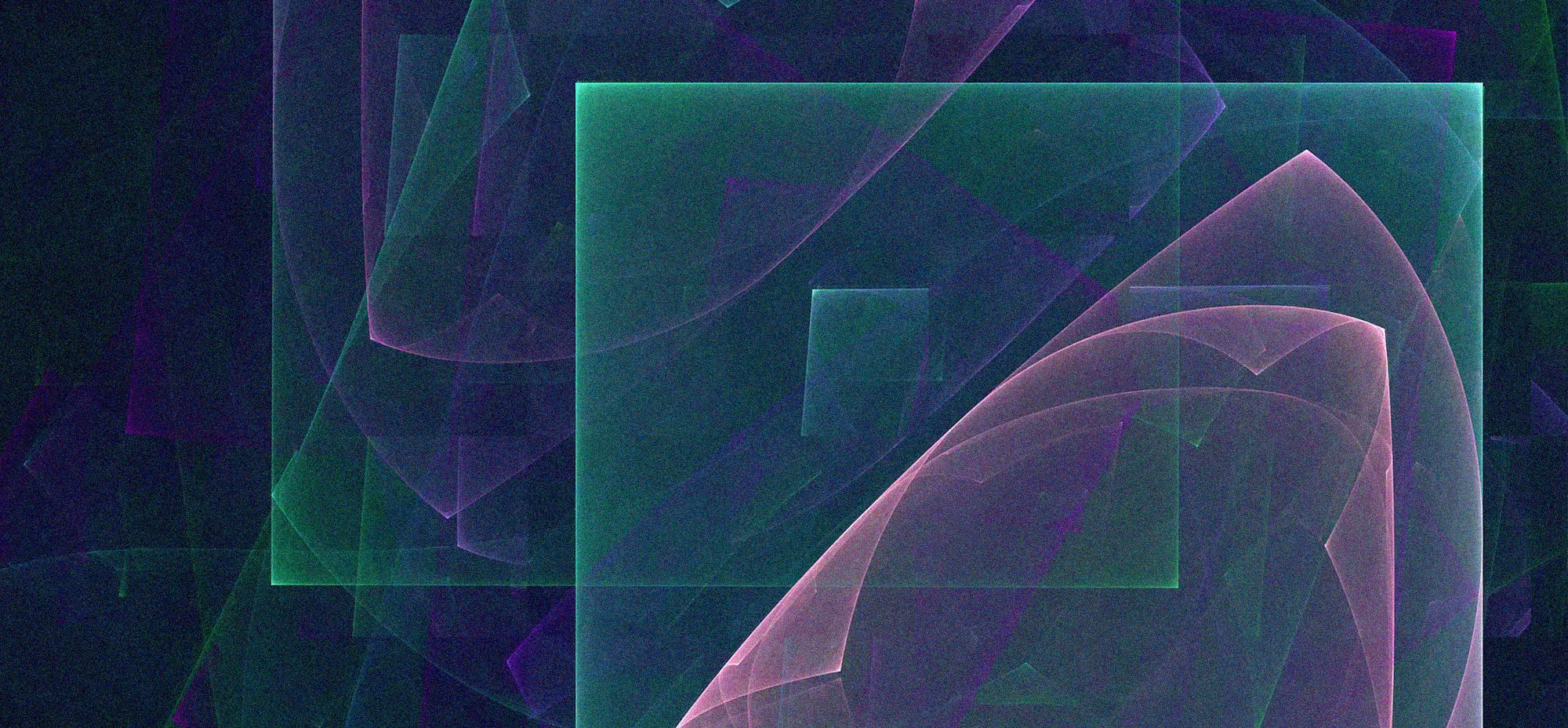 Abstract digital composition of overlapping translucent geometric shapes in green, purple, pink, and blue tones.