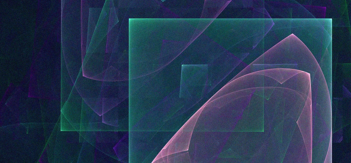 Abstract digital composition of overlapping translucent geometric shapes in green, purple, pink, and blue tones.
