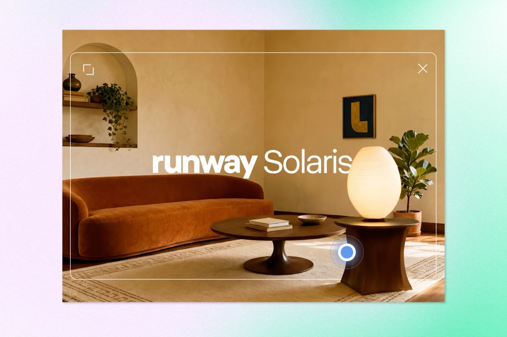 Runway Solaris interface over a warm modern living room scene with an orange sofa, tables, plants, and a glowing lamp.