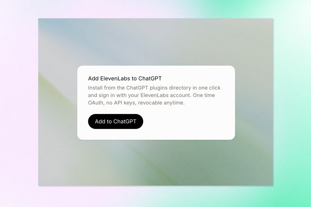 ElevenLabs integration prompt showing an “Add to ChatGPT” button and one-click plugin installation instructions.