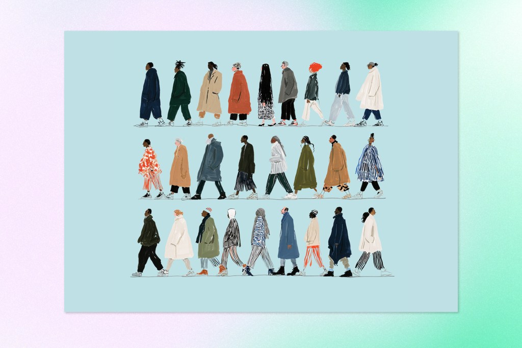 Illustration of diverse people walking in rows against a light blue background.