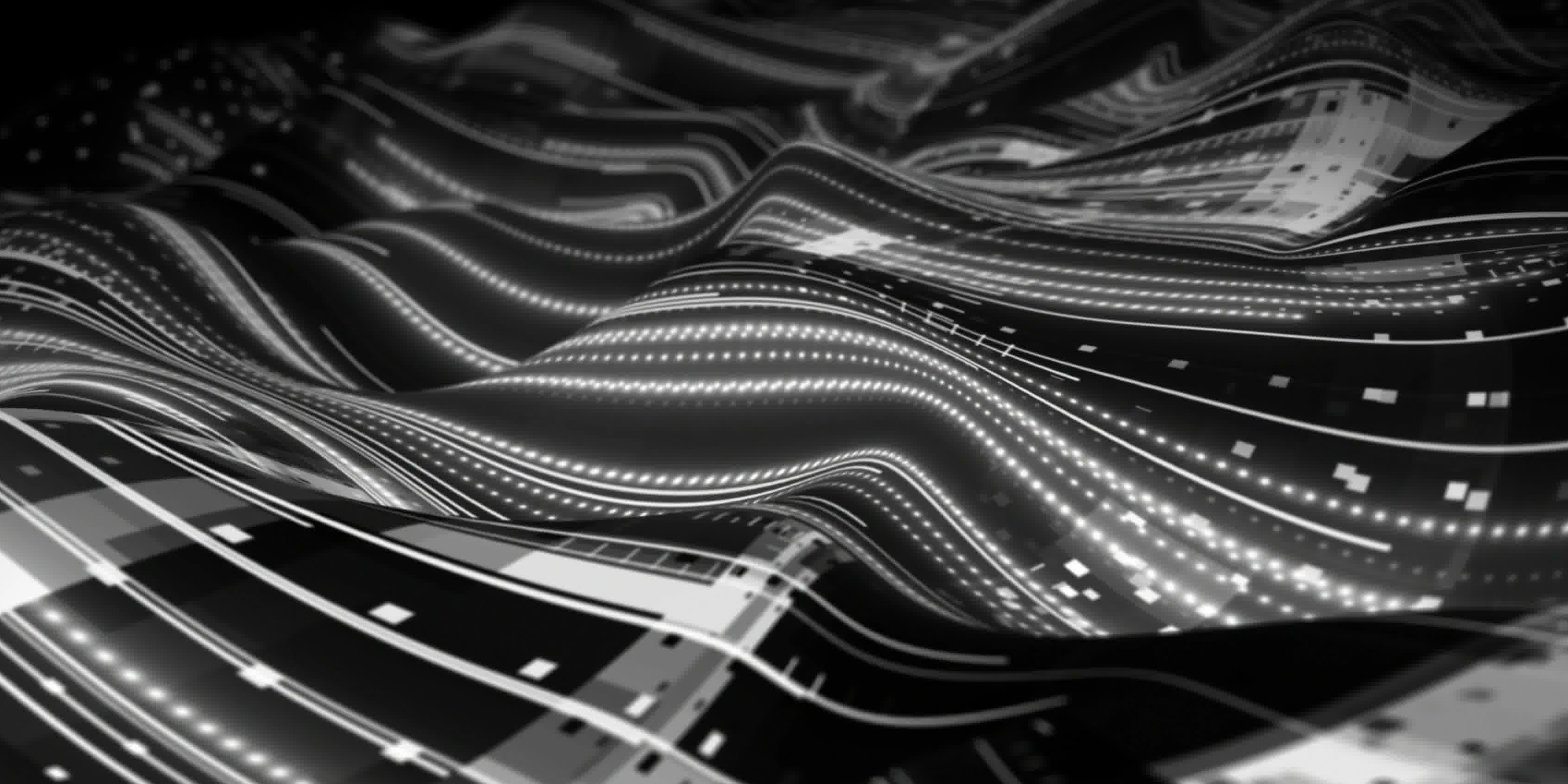 Abstract black-and-white visualization of flowing digital pathways and interconnected data streams.