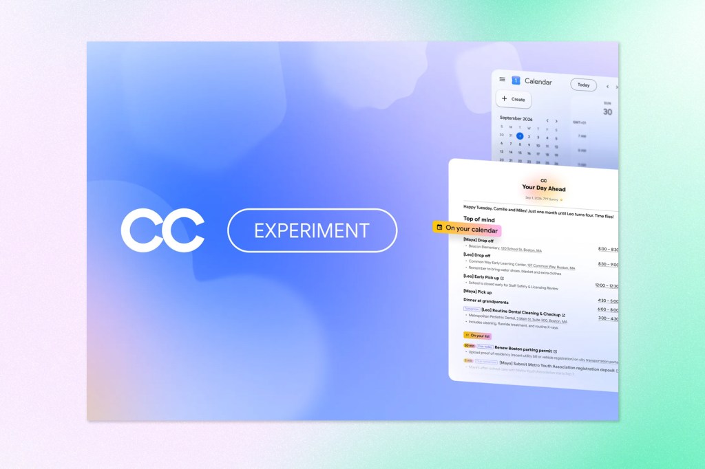 Graphic for a CC experiment showing a calendar interface alongside a personalized “Your Day Ahead” daily agenda.