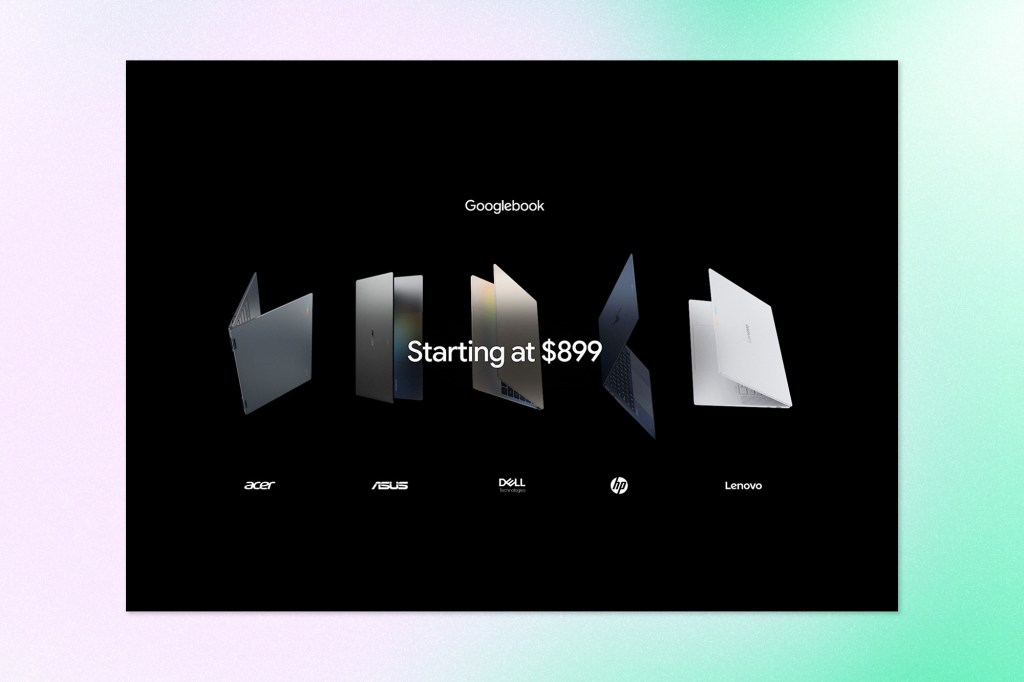 Promotional graphic showing Googlebook laptops from Acer, ASUS, Dell, HP, and Lenovo with pricing starting at $899.