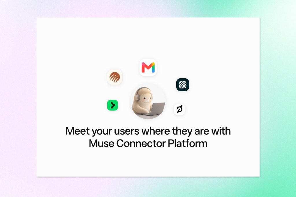 Graphic promoting the Muse Connector Platform, with a character using a laptop surrounded by connected app icons.