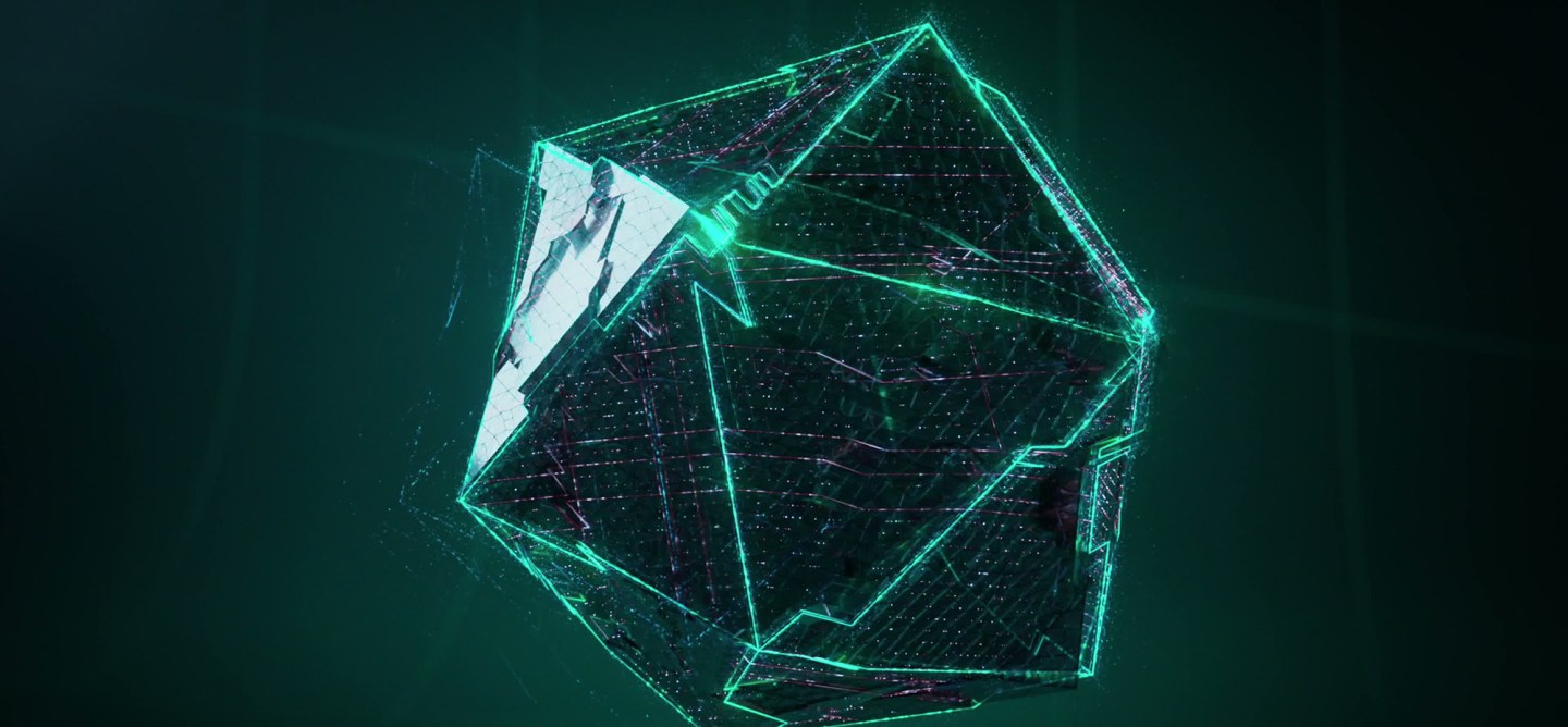 Abstract glowing geometric AI structure rendered in green and teal on a dark background.