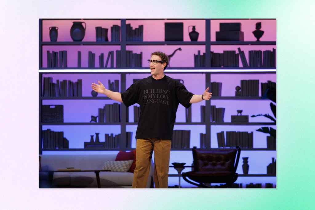 Speaker on stage during a Meta presentation, standing in front of illuminated shelves.