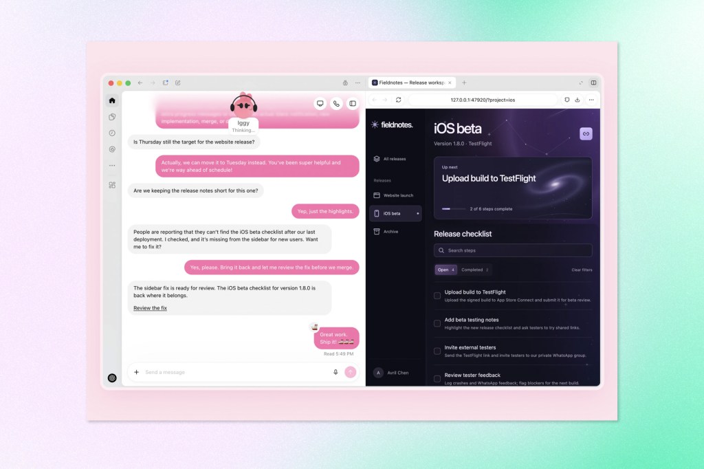 OpenAI interface showing an AI assistant conversation alongside a release workspace for managing an iOS beta launch.