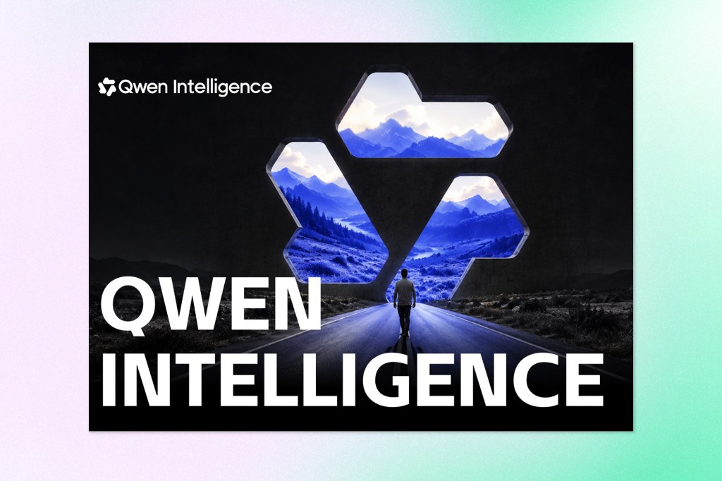 Qwen Intelligence graphic featuring a person walking toward large geometric shapes filled with mountain landscapes.