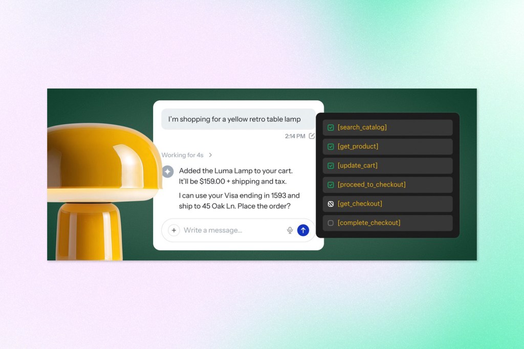 AI shopping assistant interface showing a yellow table lamp, product search actions, cart update, and checkout steps.