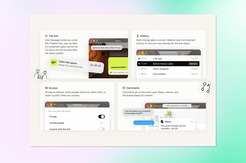 Spacefast interface showing link sharing, version history, access controls, and contextual comments for collaborative projects.