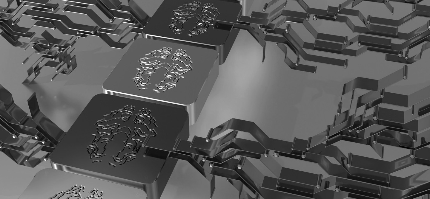 Metallic circuit board landscape with raised panels featuring stylized brain-shaped circuitry.