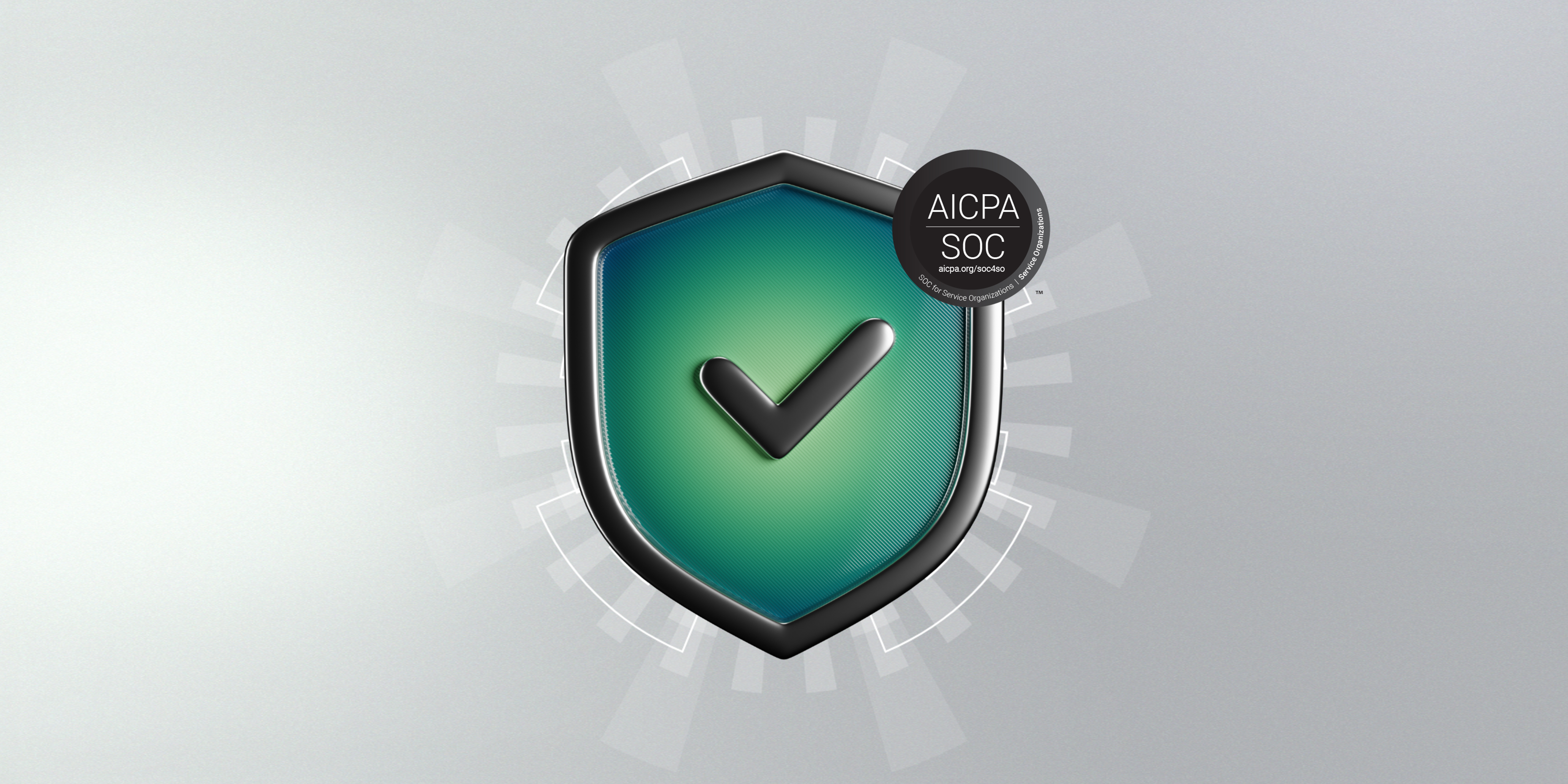 Shield graphic with a checkmark and AICPA SOC badge, representing SOC 2 compliance.