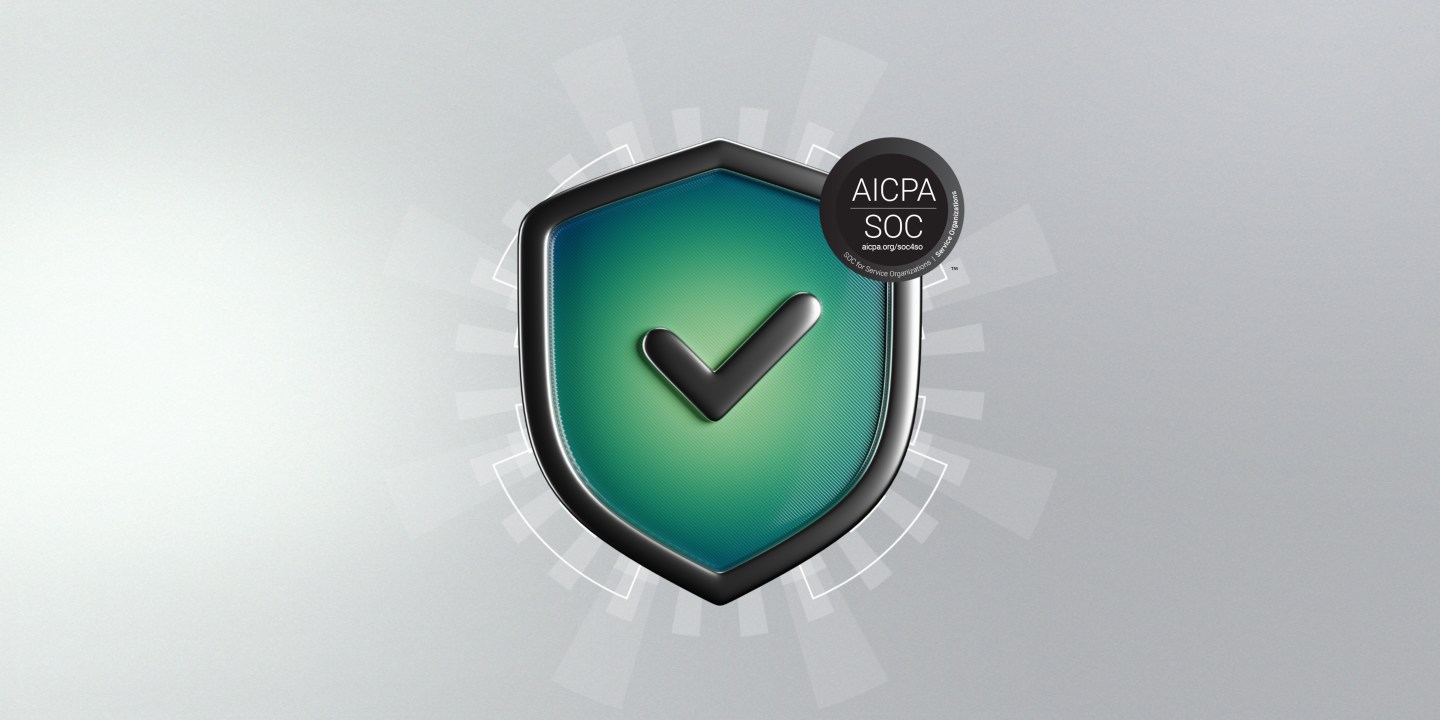 Shield graphic with a checkmark and AICPA SOC badge, representing SOC 2 compliance.