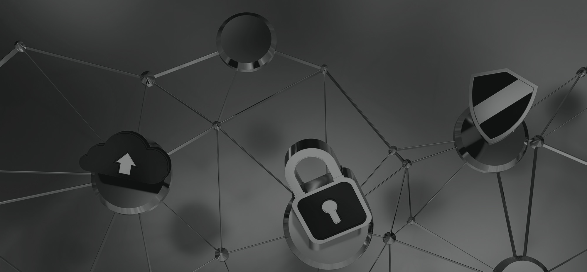 Connected network nodes featuring cloud upload, padlock, and shield icons, representing secure cloud infrastructure and data protection.
