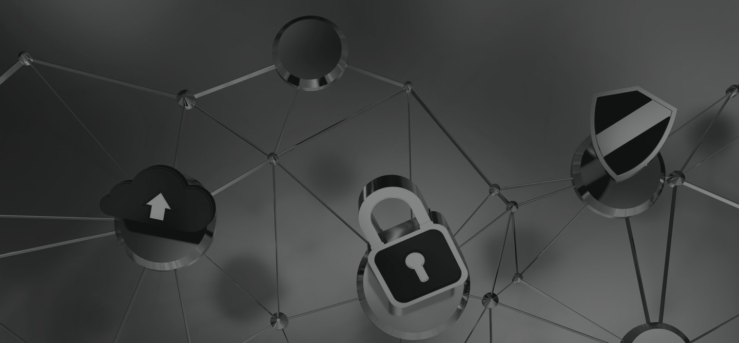 Connected network nodes featuring cloud upload, padlock, and shield icons, representing secure cloud infrastructure and data protection.