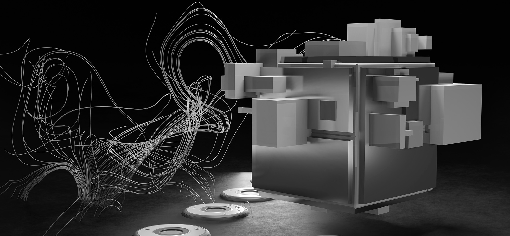 Abstract grayscale 3D structure surrounded by flowing wire-like connections and circular components on a dark background.