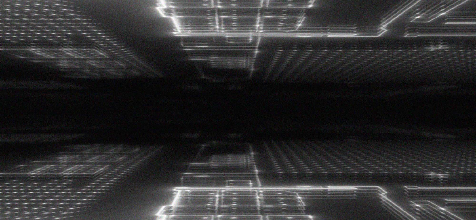 Abstract black-and-white digital grid with glowing geometric lines and patterns.