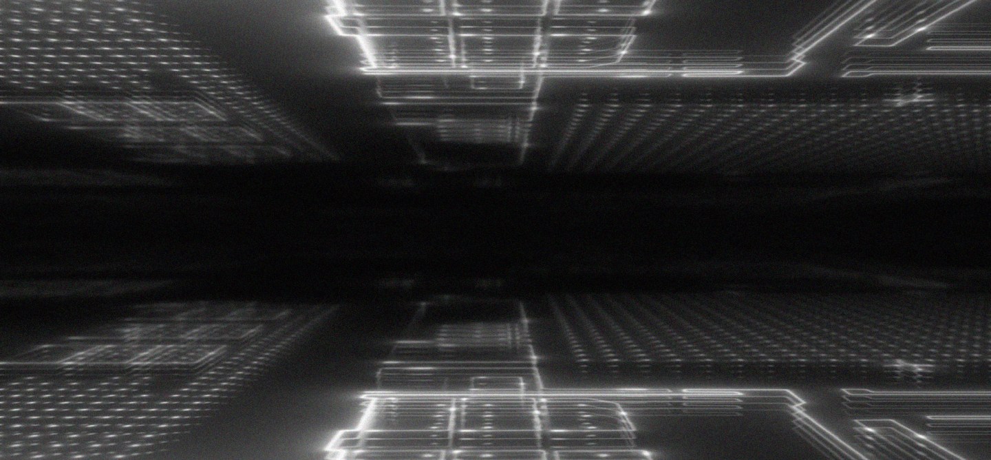 Abstract black-and-white digital grid with glowing geometric lines and patterns.