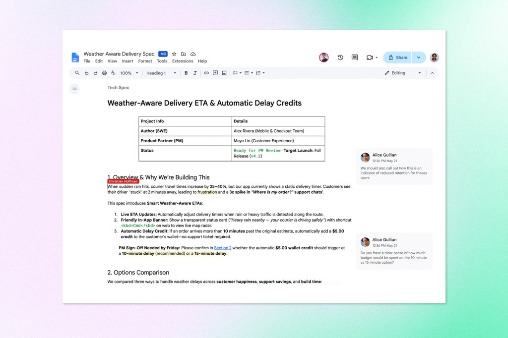 Google Docs interface showing a collaborative technical specification with comments and edits.