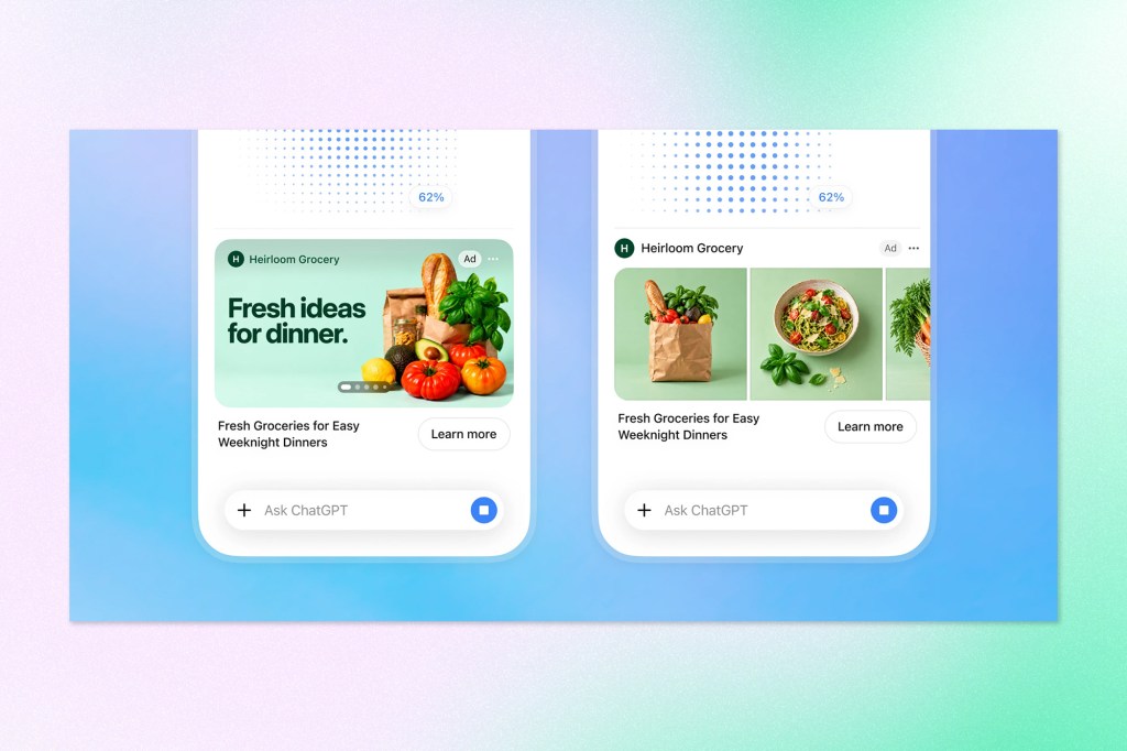 ChatGPT interface showing two examples of sponsored grocery content within a conversation.