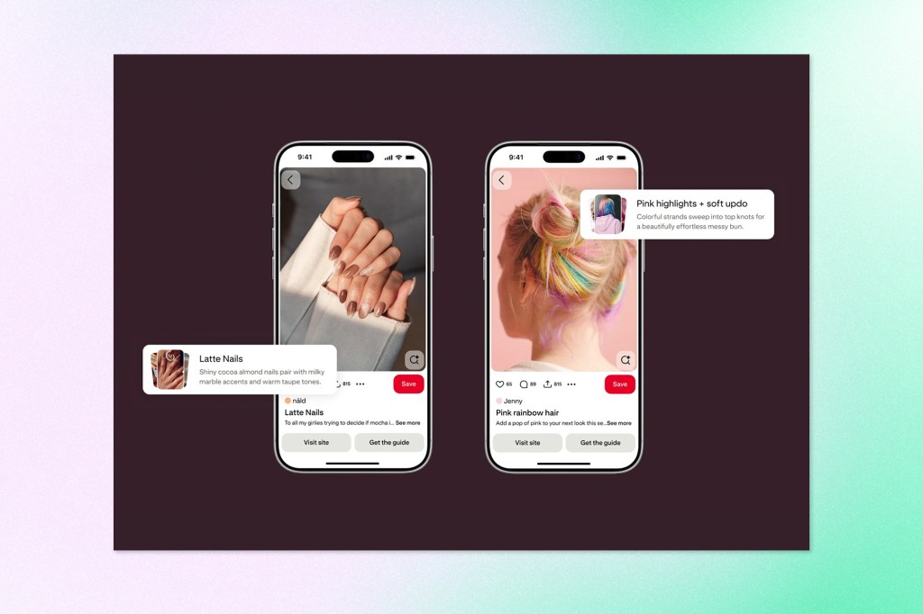 Pinterest mobile screens showing AI-powered beauty recommendations for nails and hair.