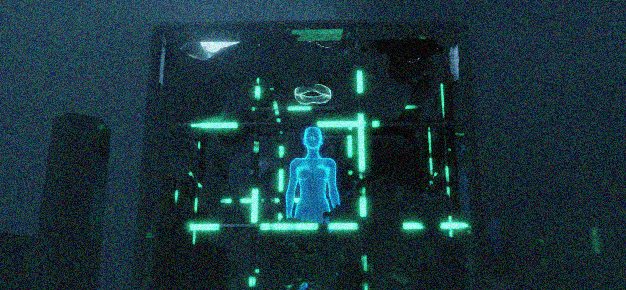 Futuristic digital illustration of a glowing blue humanoid figure surrounded by neon green lights and abstract holographic elements in a dark, technology-inspired environment.