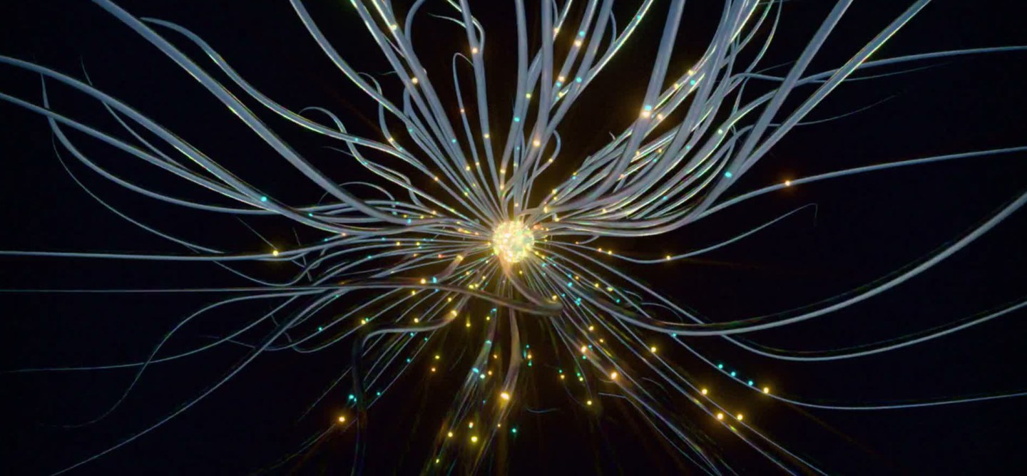 Abstract visualization of artificial intelligence networks, featuring glowing interconnected strands and data points representing AI infrastructure and connectivity.