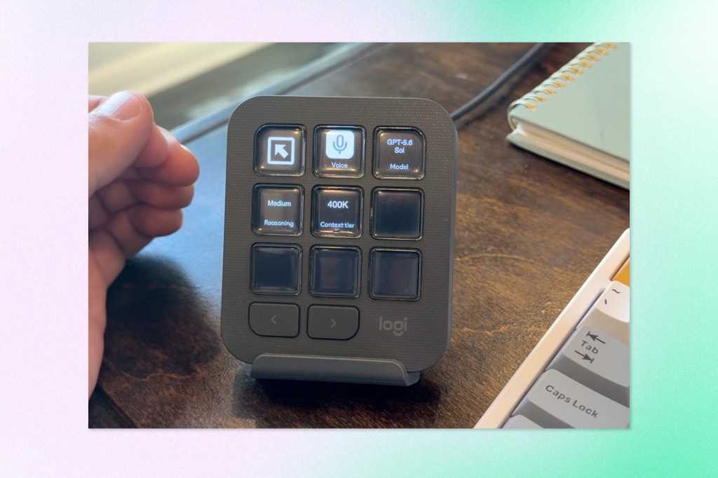 Logitech MX Creative Console keypad displaying GitHub Copilot controls for AI voice interaction, model selection, reasoning effort, and context settings.