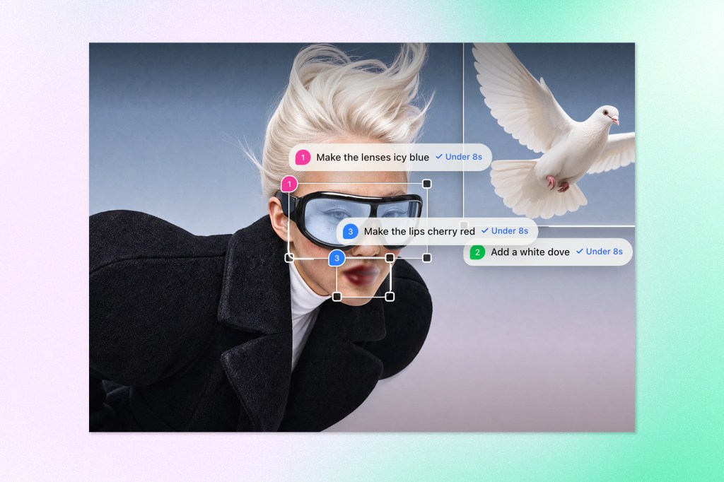 Krea AI image editing interface demonstrating multiple AI-powered edits, including changing lens colours, modifying lips, and adding a white dove.
