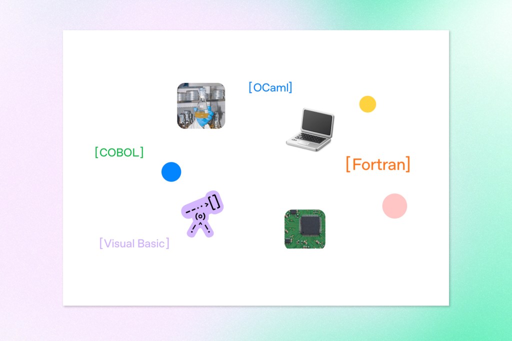 Illustration of legacy programming languages COBOL, Fortran, Visual Basic, and OCaml, representing AI-assisted code modernization and legacy software migration.