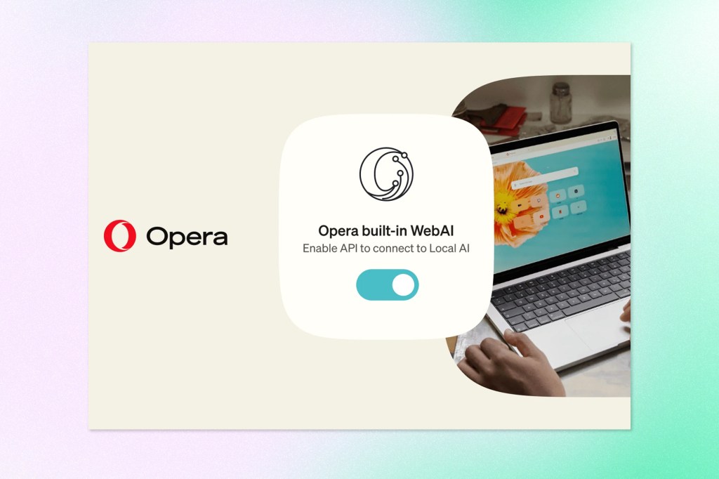 Opera promotional graphic showcasing its built-in WebAI functionality, with an enabled toggle for connecting to local AI through an API and a laptop displaying the Opera browser.